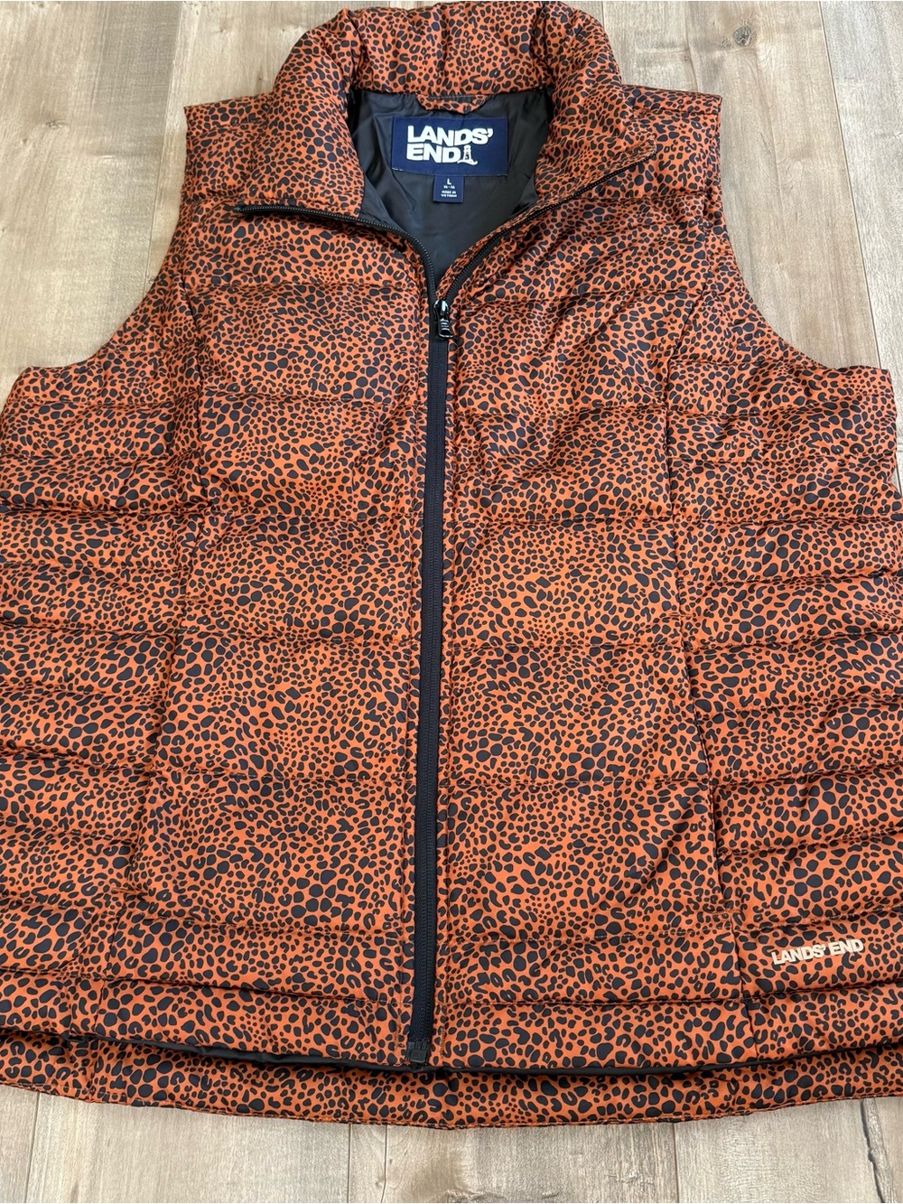 Lands End Down Feather Puffer Vest Large 14-16 Animal Print Cheetah Zip